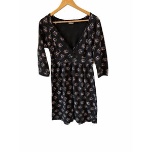 Volcom Black Floral Mini Dress Womens Medium Boho V Neck Empire Waist Casual